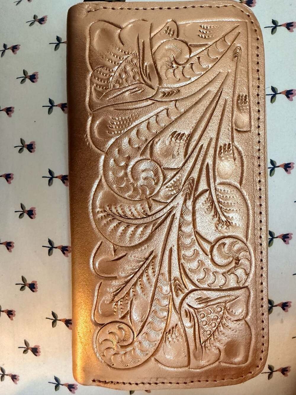 Handmade Tooled Leather Long Zip Wallet Rose Gold Floral Western Design